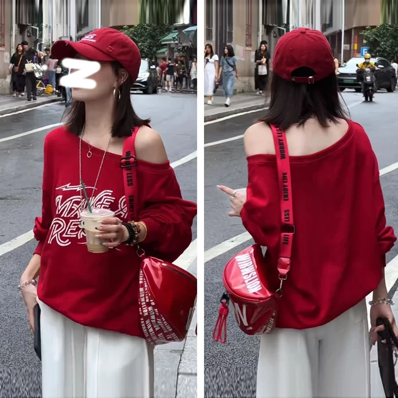 美式街头斜肩卫衣女秋季穿搭字母印花长袖慵懒风宽松显瘦露肩上衣