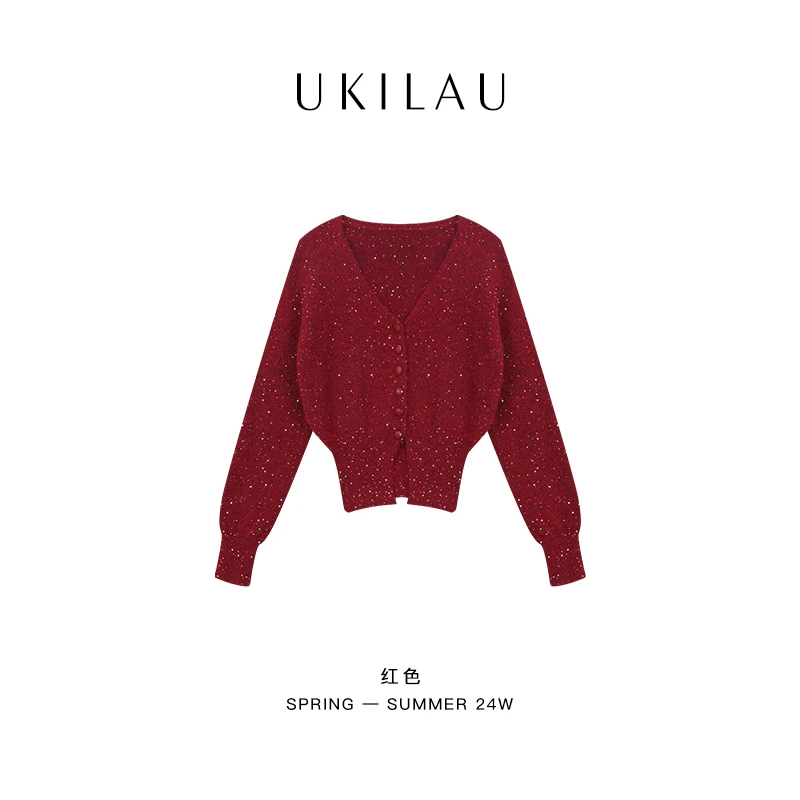 UKILAU洋气亮晶晶针织衫女V领长袖毛衣