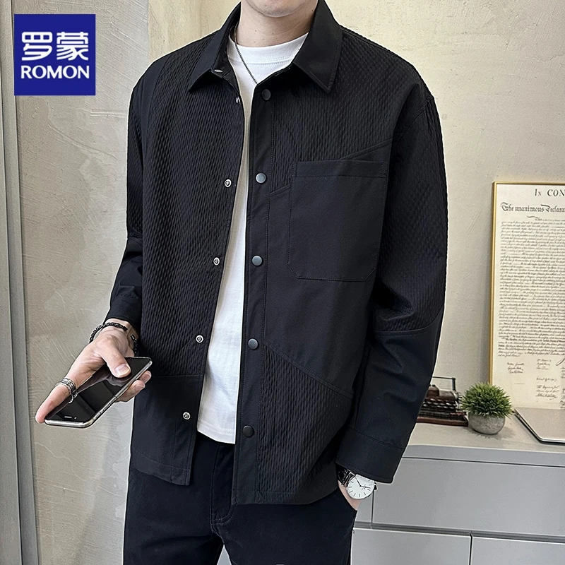 罗蒙夹克男士2025秋季新款拼接潮流翻领上衣服宽松黑色休闲外套男