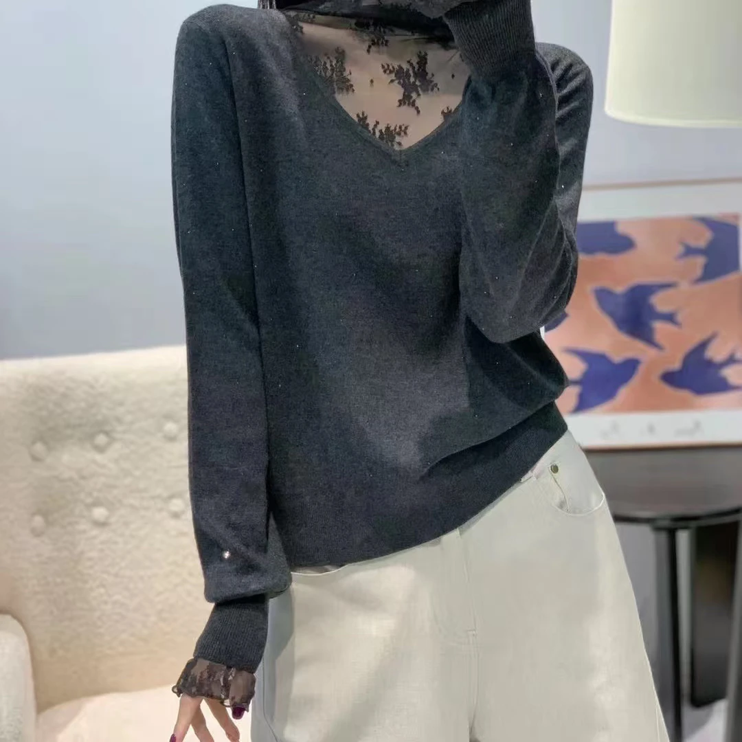 气质蕾丝拼接半高领   针织衫女     秋冬新款洋气减龄上衣