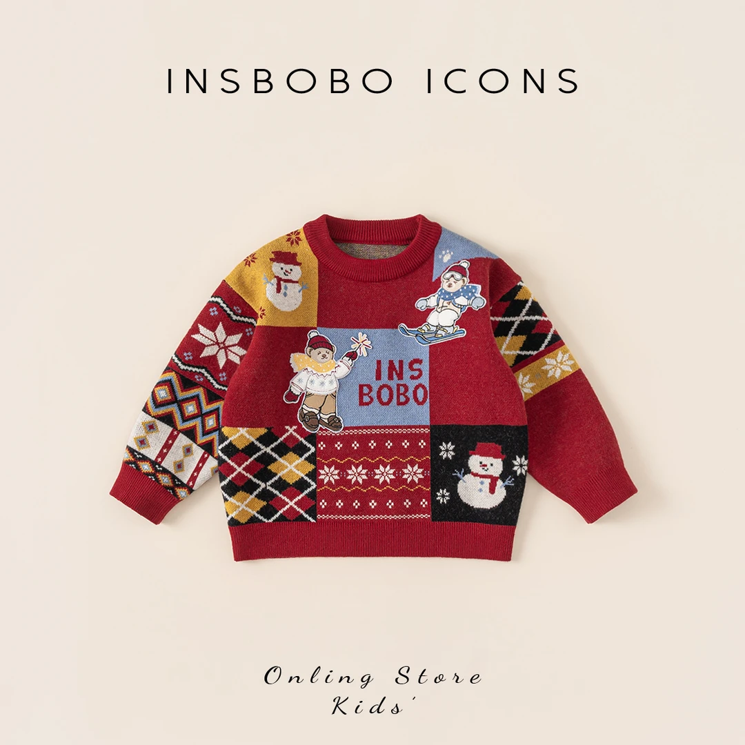 INSbobo儿童IP联名毛衣冬季圆领红色洋气卡通绣标套头毛衣DY85196