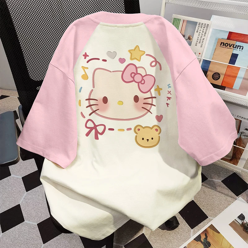 多巴胺风撞色纯棉短袖T恤女童夏季可爱凯蒂猫印花洋气学生上衣ins