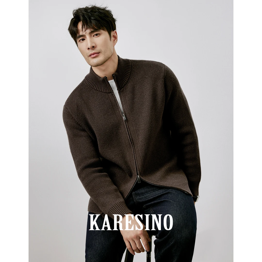 KARESINO冬季保暖重磅拉链针织衫男士休闲毛衣男羊毛厚款开衫外套