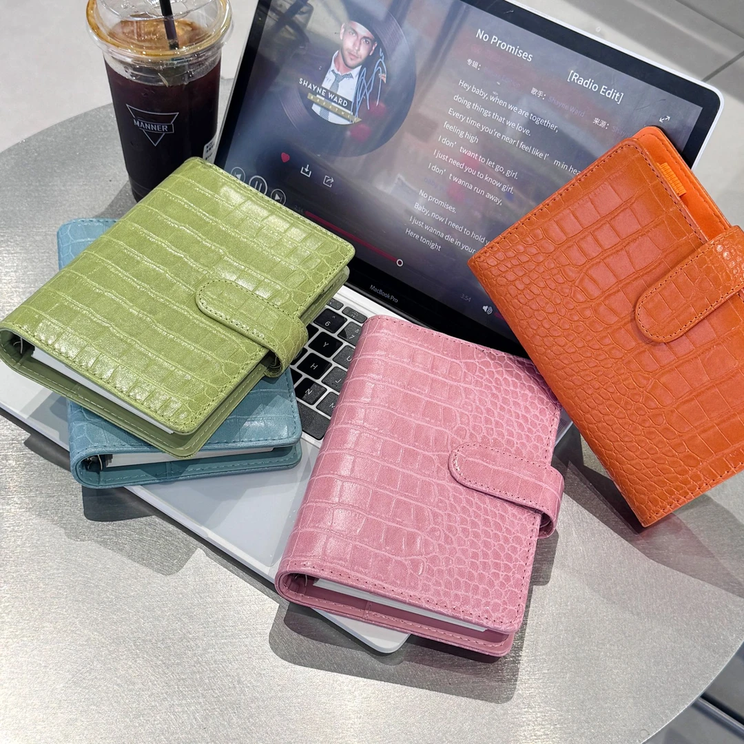 精致鳄鱼纹皮质活页本B6外壳六孔活页横线马卡龙色系