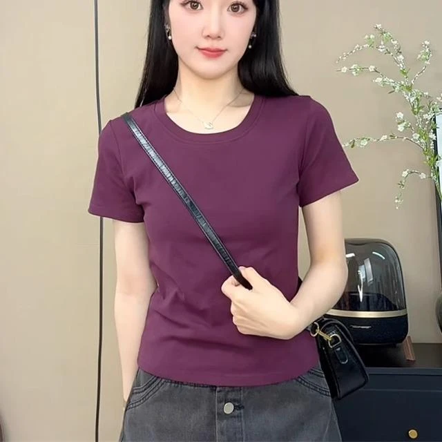 2025夏季新款短袖T恤女修身显瘦纯色洋气减龄上衣时尚百搭体恤衫