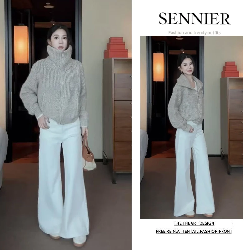 2025秋冬新款韩系复古针织翻领上衣百搭打底衫显瘦阔腿裤三件套装
