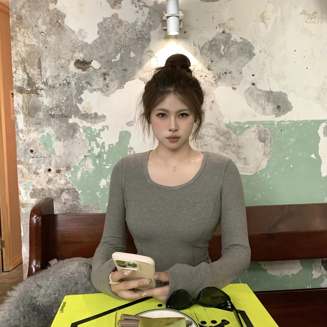 宅宅athome//极简回溯 人鱼线显瘦U领打底衫圆领纯色正肩长袖t恤