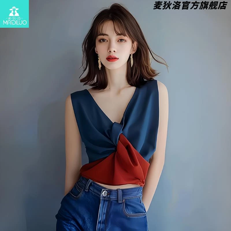 撞色设计感纽结缎面吊带背心女独特超好看无袖上衣2025新爆款夏季