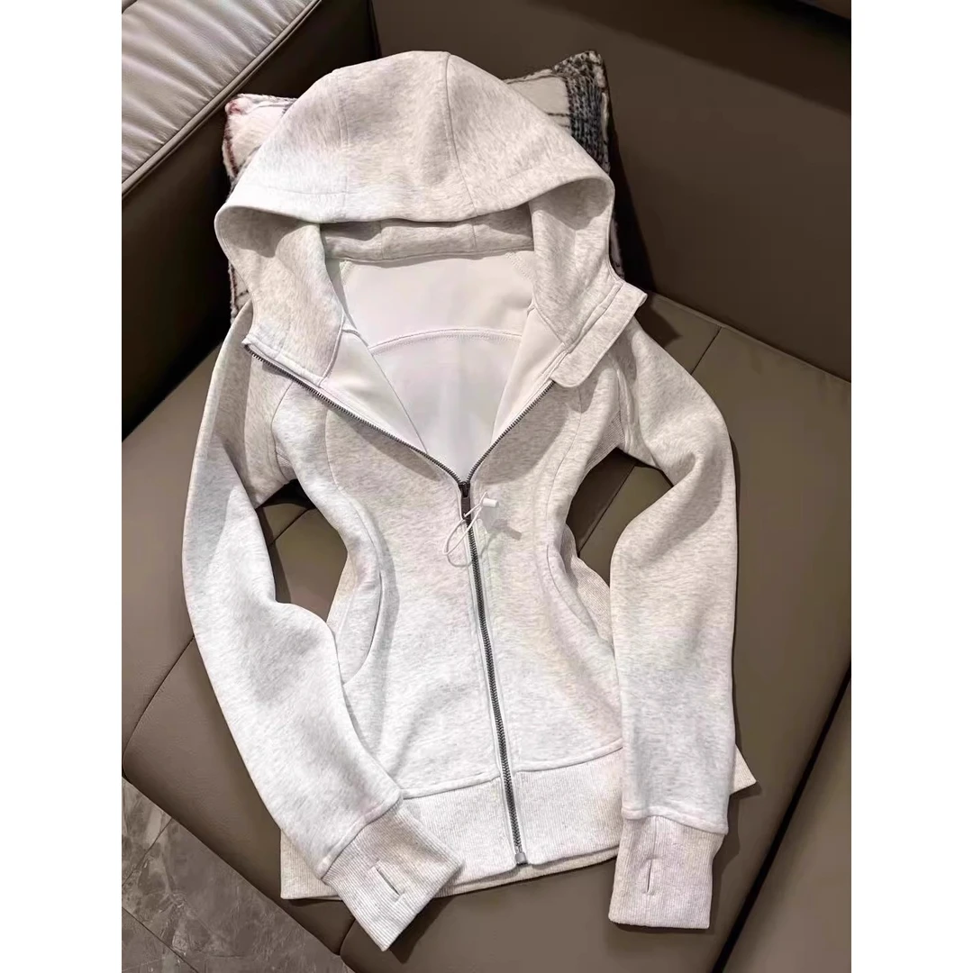 灰色修身卫衣外套女款开春穿搭正肩收腰连帽上衣显瘦款超火百搭款