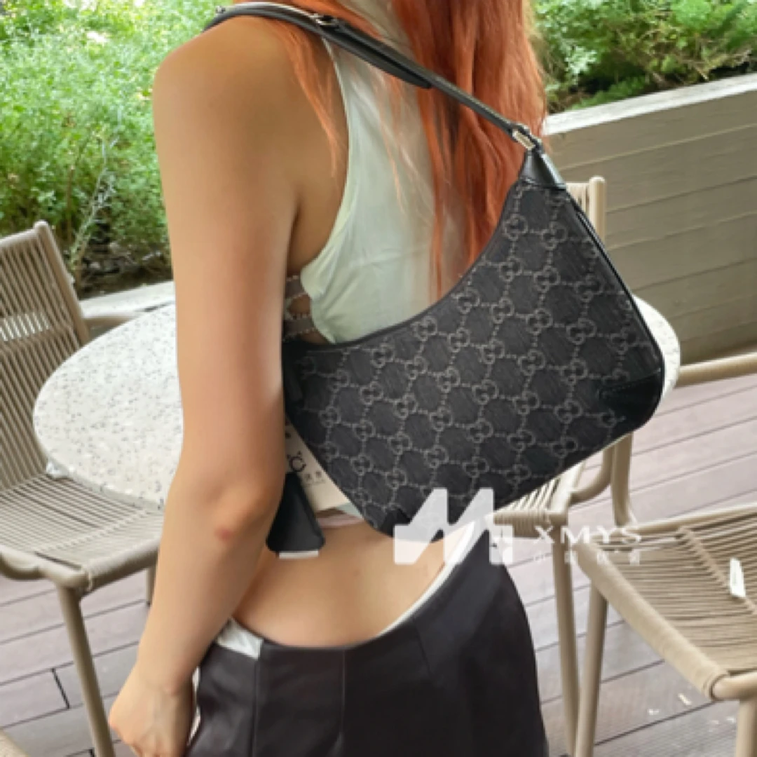99新 GUCCI/古驰 黑色老花时尚中古黑花月牙包hobo腋下包未使用品