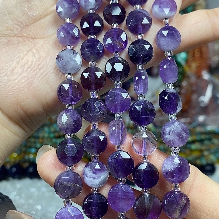 玛瑙/玉髓未镶嵌珠宝半成品天然紫水晶切面卡10mm一条