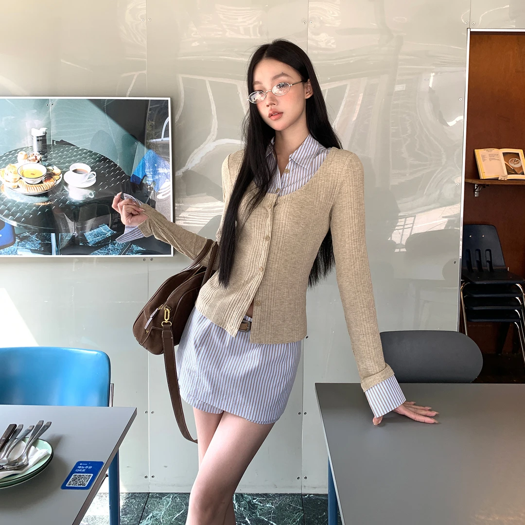 5741假两件针织衬衫蓝色半身裙两件套女秋季高级感别致法式