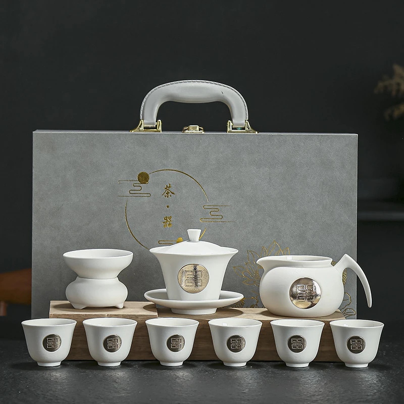 轻奢功夫茶具 礼品套装 茶杯家用办公盖碗茶壶中式整套礼盒装商务