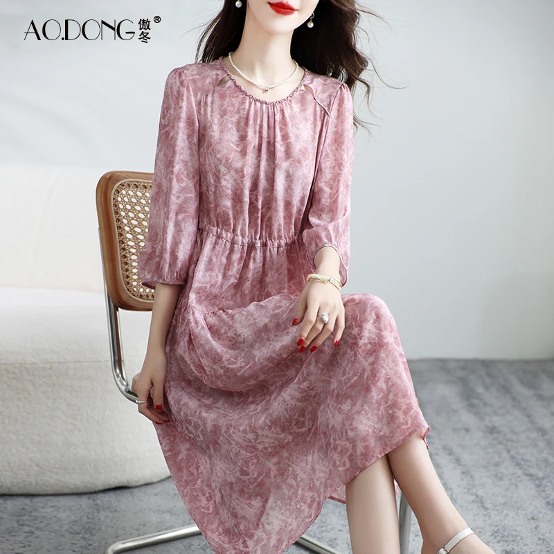 高端双绉真丝连衣裙女妈妈气质桑蚕丝印花透气收腰显瘦裙子夏季