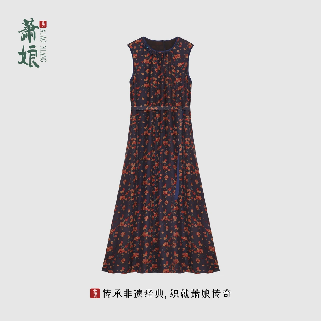萧娘【蓝雅】斜纹印花缎香云纱无袖连衣裙新中式宽松气质女裙1942