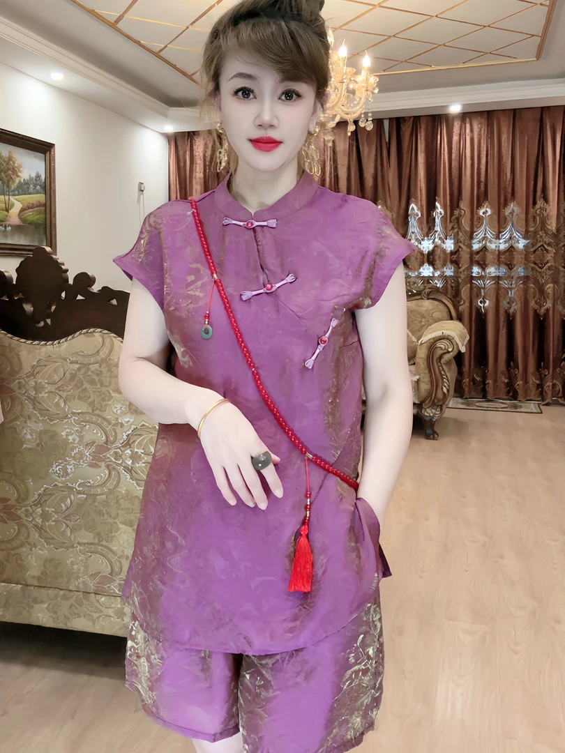 ［珠光琉璃］新中式流光锦短袖套装夏季日常文艺套装