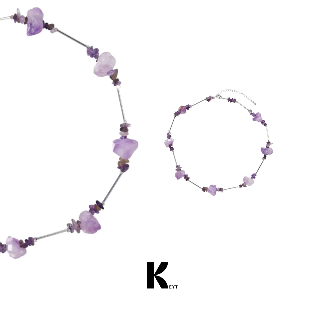 KEYT 铜合金石英石项链 紫色石子链条拼接项链