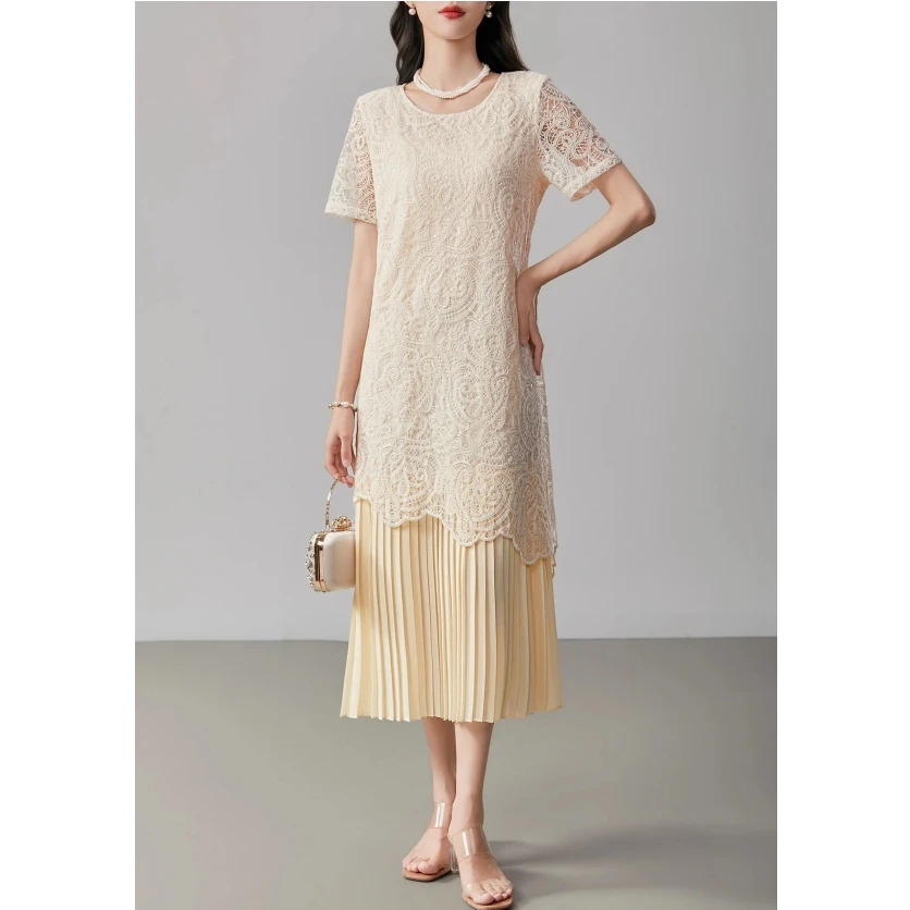 精致蕾丝拼接高级感假两件百褶长裙 气质款显瘦直筒连衣裙女夏季