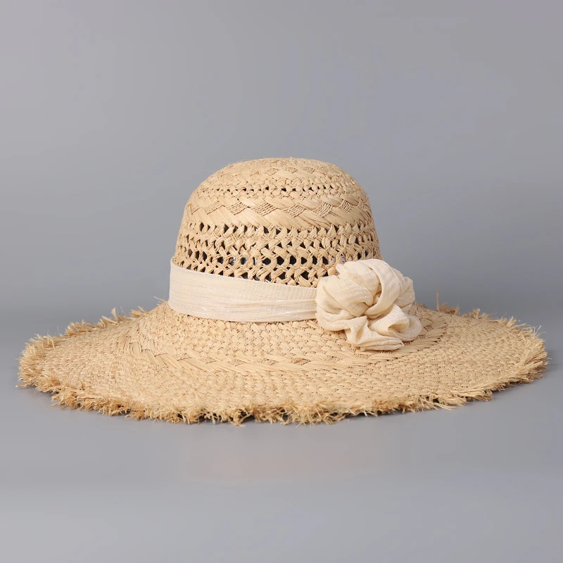 高品质拉菲草毛边遮阳帽花朵镂空沙滩帽防晒大檐草帽渔夫帽女