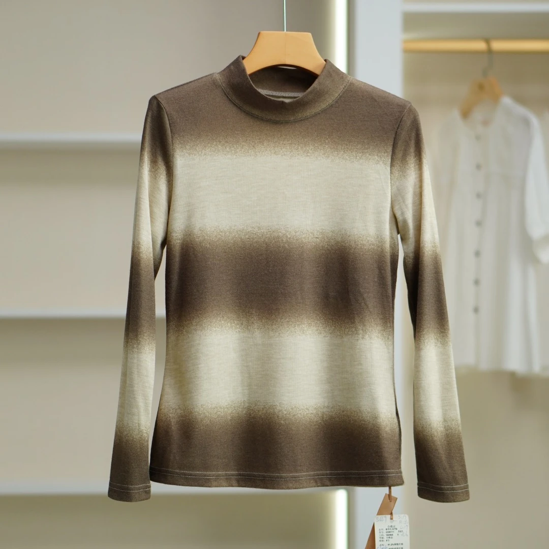 【诗M】S669 女装春简约渐变扎染T恤茶棕色2308111