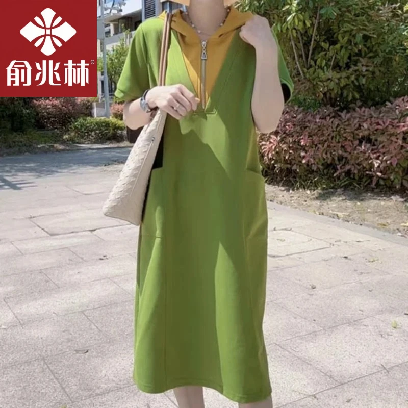 俞兆林女士夏季新款连帽气质假两件长裙减龄设计裙子休闲百搭舒适