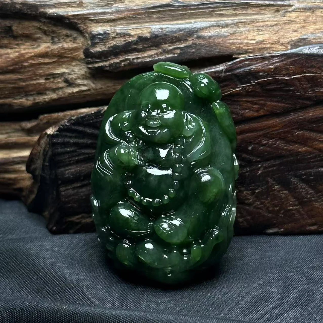 天然和田玉碧玉菠菜绿福在眼前逍遥笑面佛手工精雕