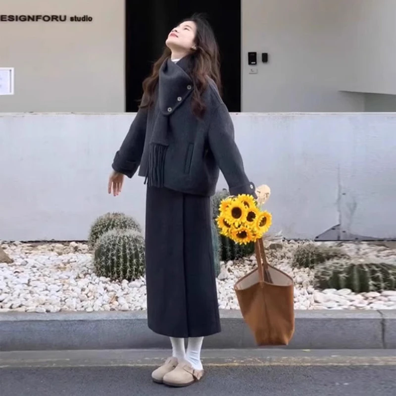 冬季穿搭一整套女高级感小香风独特短款毛呢外套半身裙子两件套装