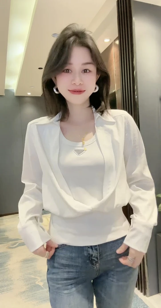 时尚气质假两件休闲半开领衬衫女春款新款小众设计感短款长袖上衣