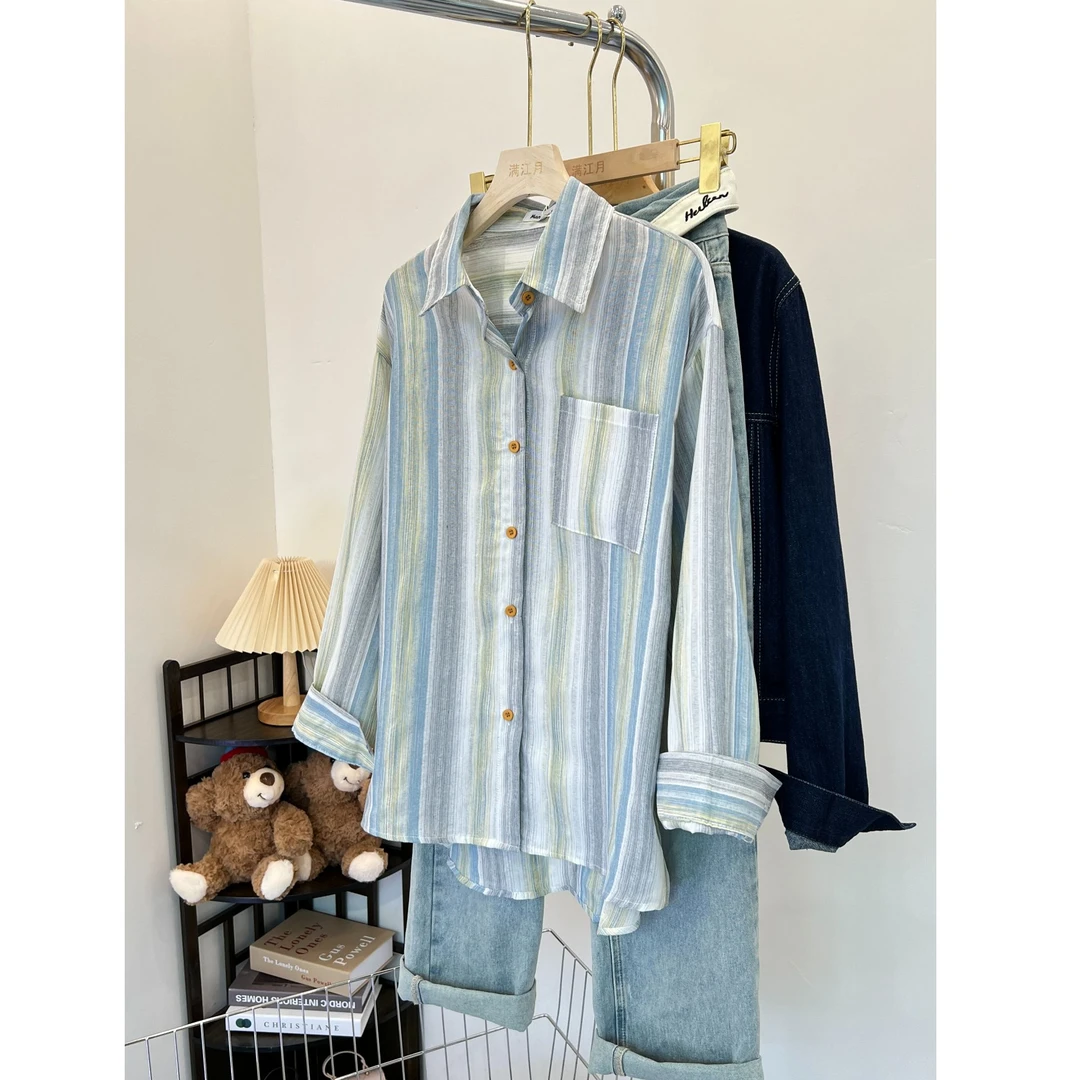 早春装新款chic撞色条纹polo领长袖衬衫女小个子外搭薄款开衫