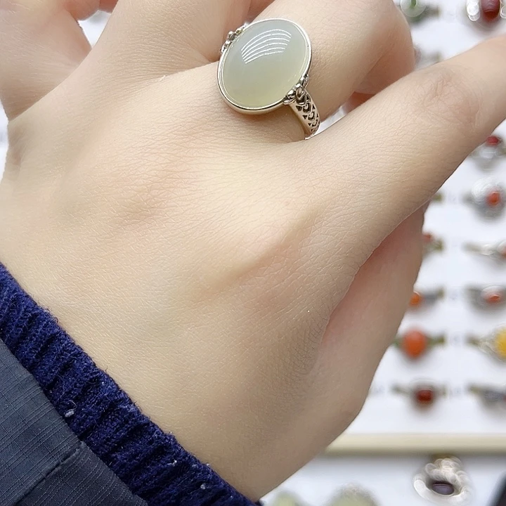 和田玉戒指银S925镶嵌天然