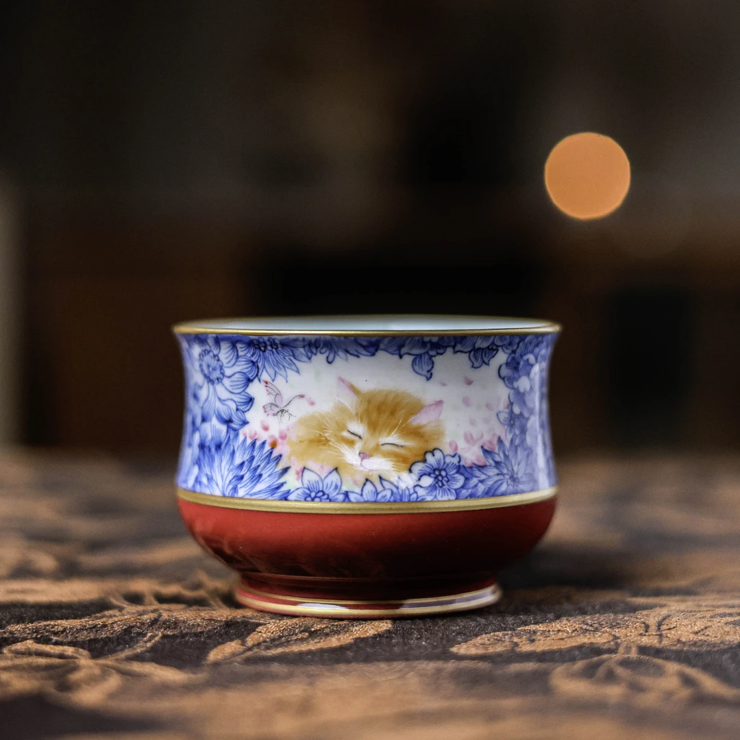 【小田甄陶】玫瑰红万花猫-华隐堂-主人杯（华隐S0878）