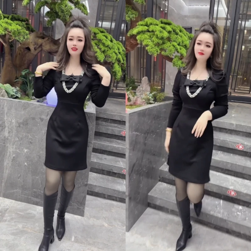 法式名媛气质冬季新款拼接收腰显瘦中长款连衣裙女小黑裙长袖修身