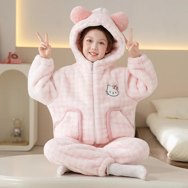 冬季法兰绒儿童睡衣可爱女童套装中大童小女孩公主连帽开衫家居服