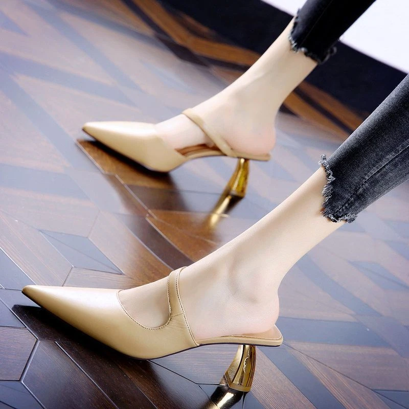 中-半包头懒人凉拖鞋高跟鞋夏季穿女外穆勒6粗跟7188尖头拖鞋半