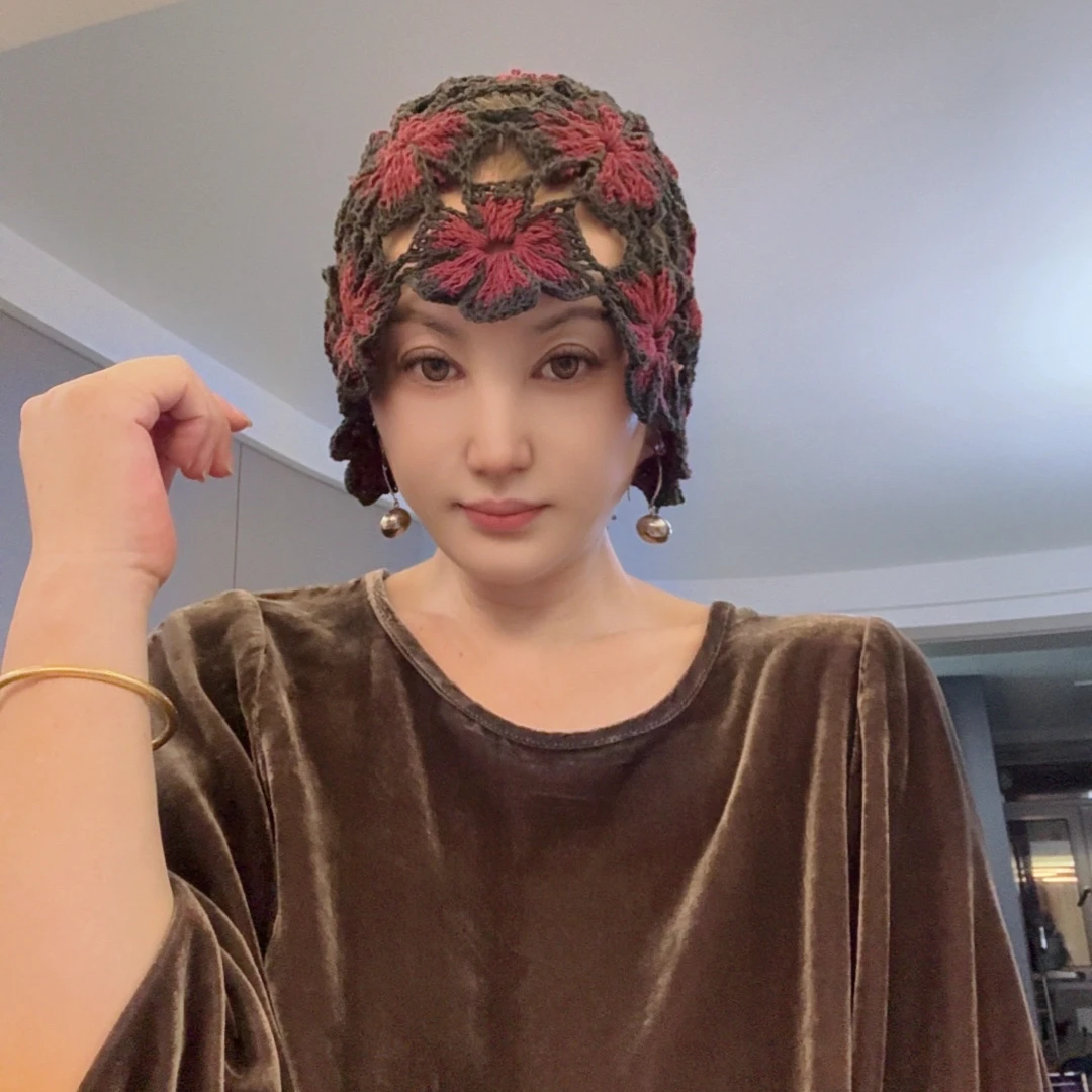 美雅家原创手工钩织麻线22朵水仙花帽子包头帽太太帽镂空洋气百搭