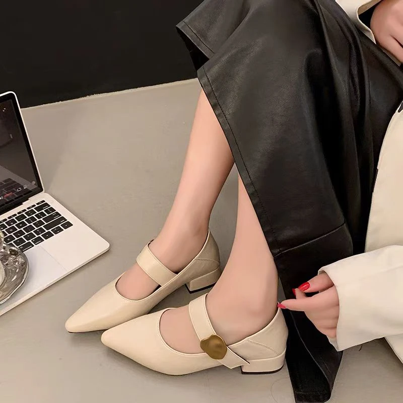 法式尖头粗跟单鞋女春季新款金属扣浅口中跟百搭温柔玛丽珍鞋8101