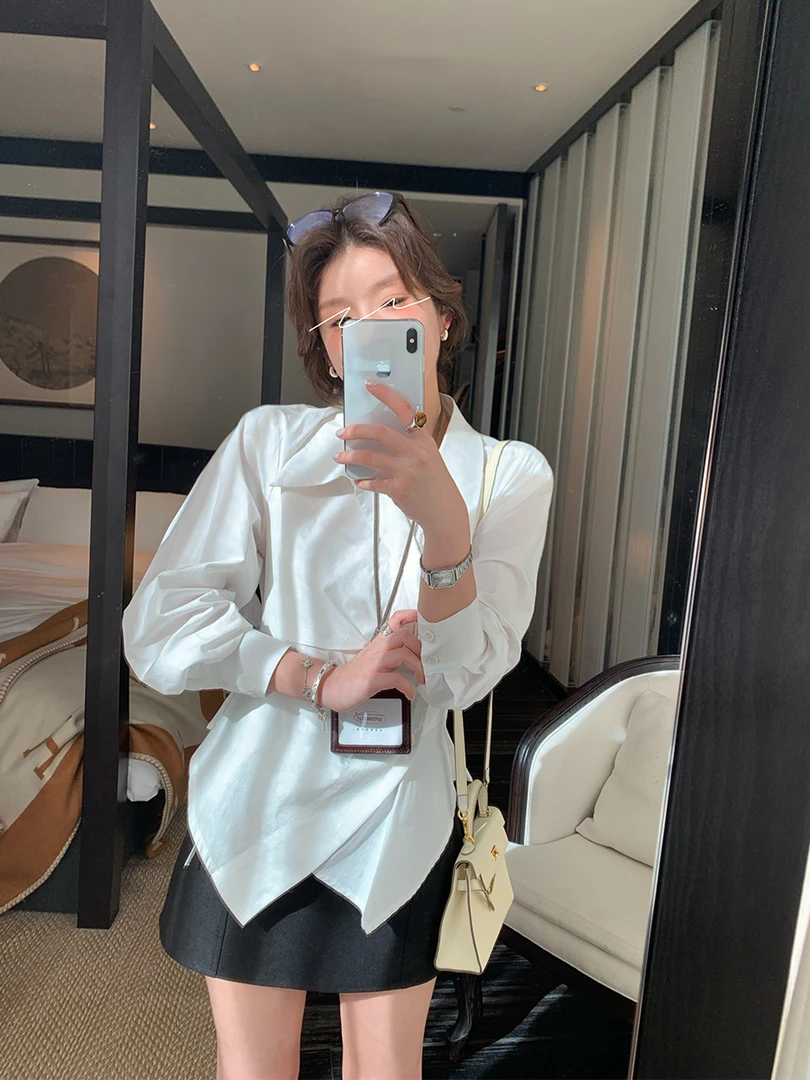 MEIDOU-法式不规则长袖衬衫女2025年早春新款设计感收腰百搭上衣