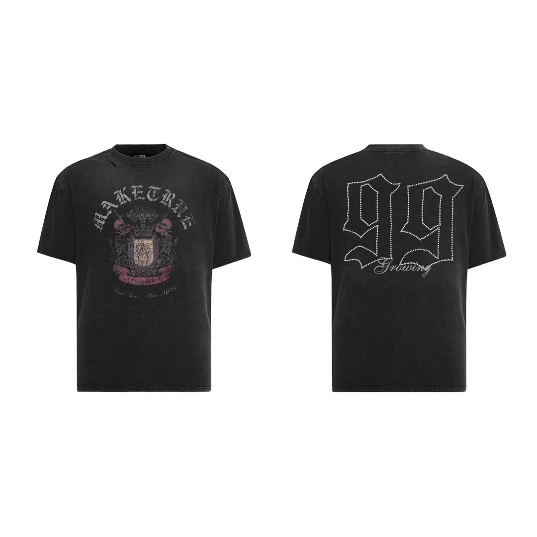 F2036高街胸口皇冠印花撕裂感半袖 做旧感拼接小众hiphop潮流短袖