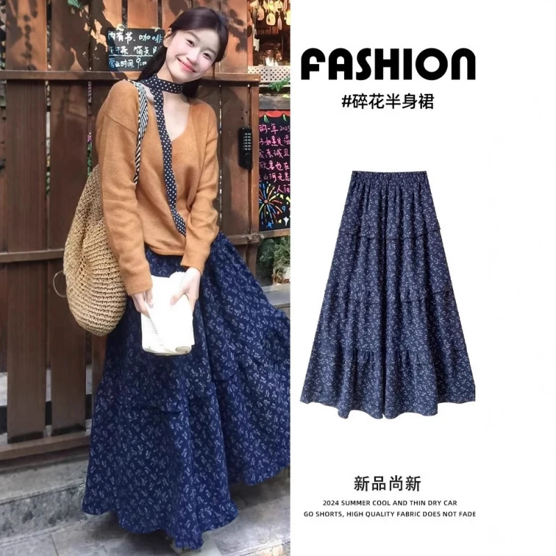 韩式复古蓝色碎花半身裙女春2025新款高腰 a字复古高腰复合半身裙