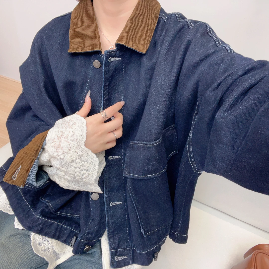 港风复古撞色拼接翻领牛仔外套