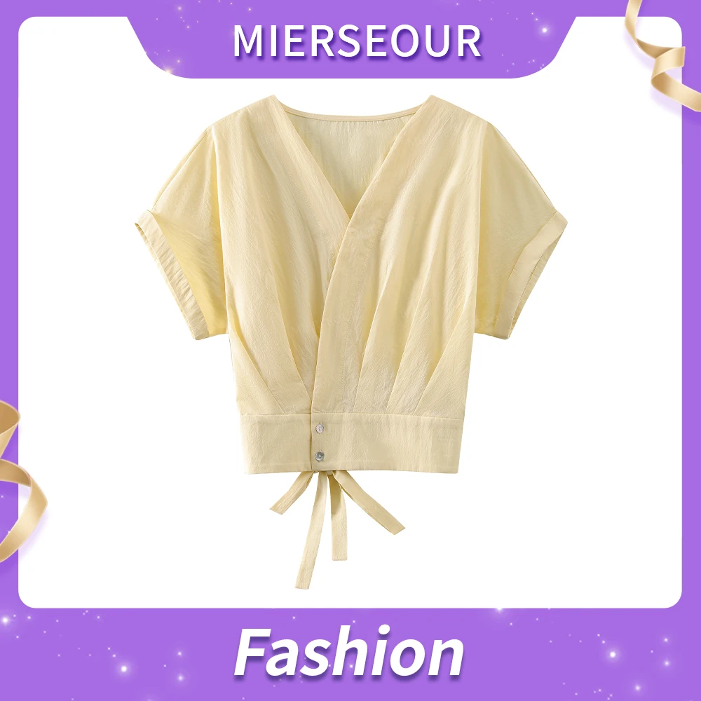 【静好时光】恬静花边绑带上衣减龄短袖3102