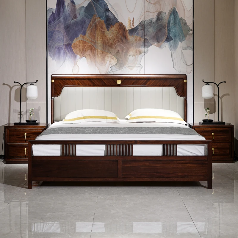 半墨 新中式乌金木全实木软包床1.8米双人床主卧软靠大床婚床定制