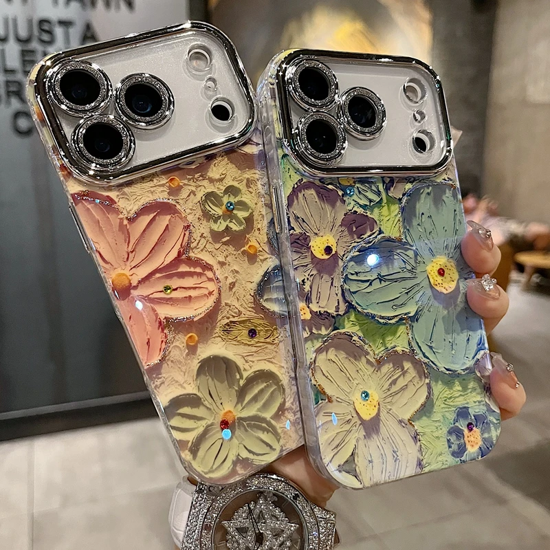 适用苹果系列iPhone17新款手机壳小众油画海棠花全包闪粉镜头防摔