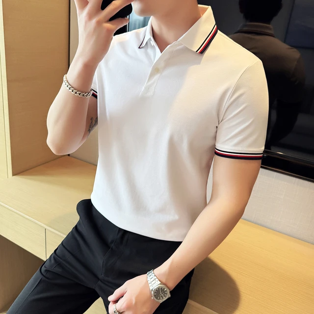 新疆长绒棉polo衫男短袖夏季新款高级感时尚撞色织带翻领商务t恤