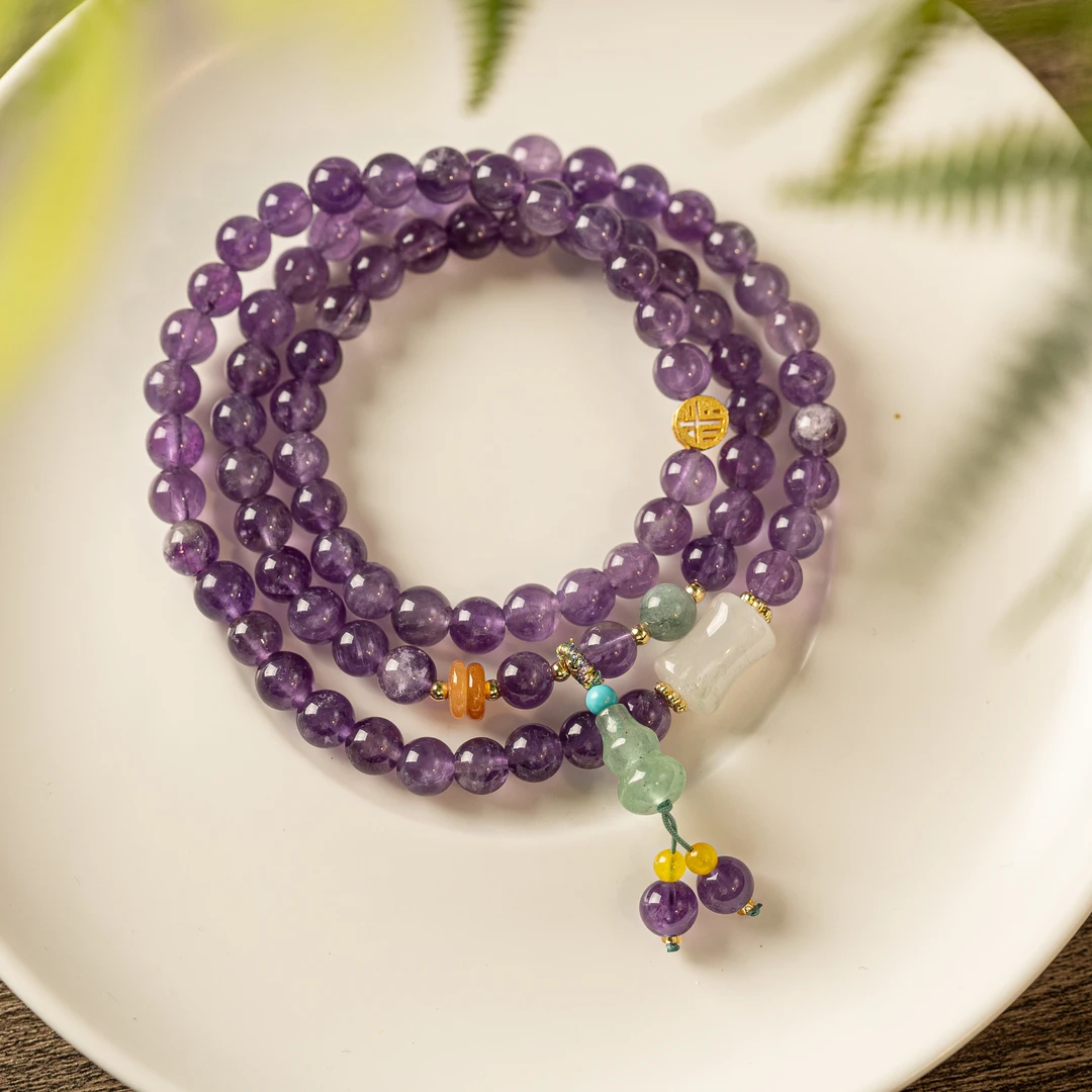 气质民族风天然紫水晶葫芦吊坠三圈手链