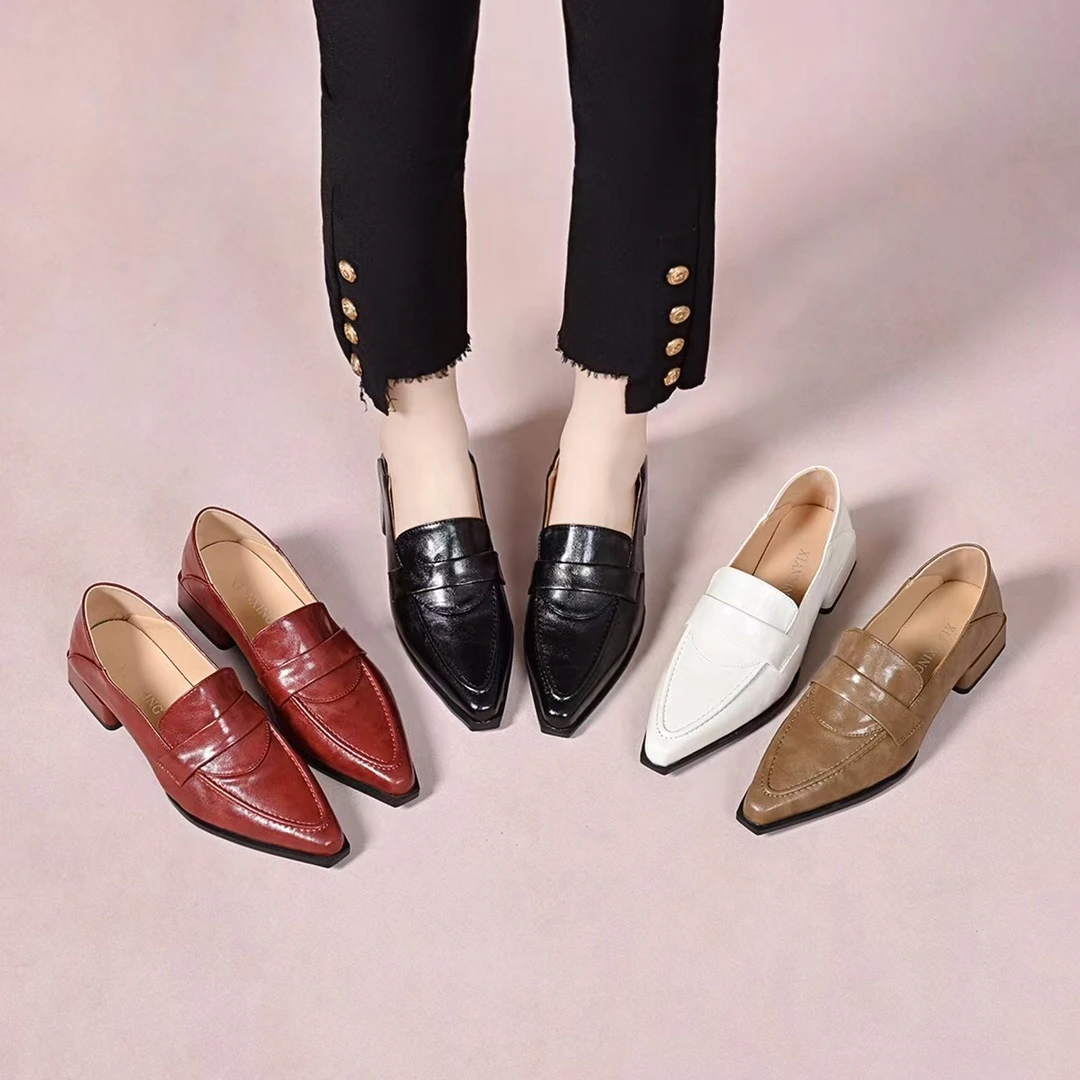 明星同款法式粗跟低跟尖头乐福鞋女士真皮商务皮鞋25年新款女单鞋