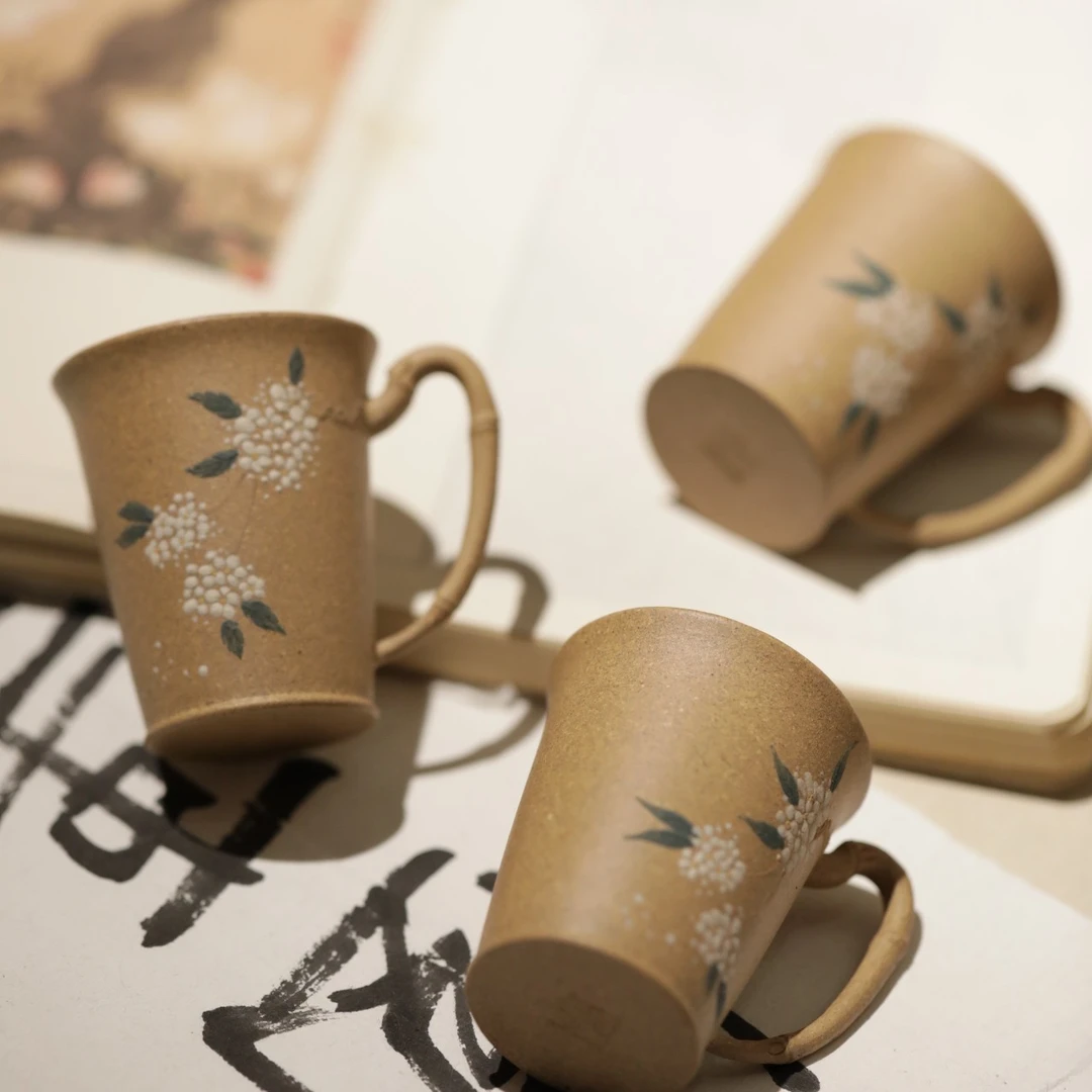 竹节主人杯 泥绘绣球花 黄段紫砂手工杯 容量50ml