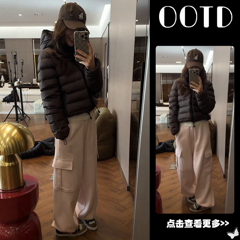 冬季流行穿搭一整套女2025新款黑色连帽棉服外套工装休闲裤两件套