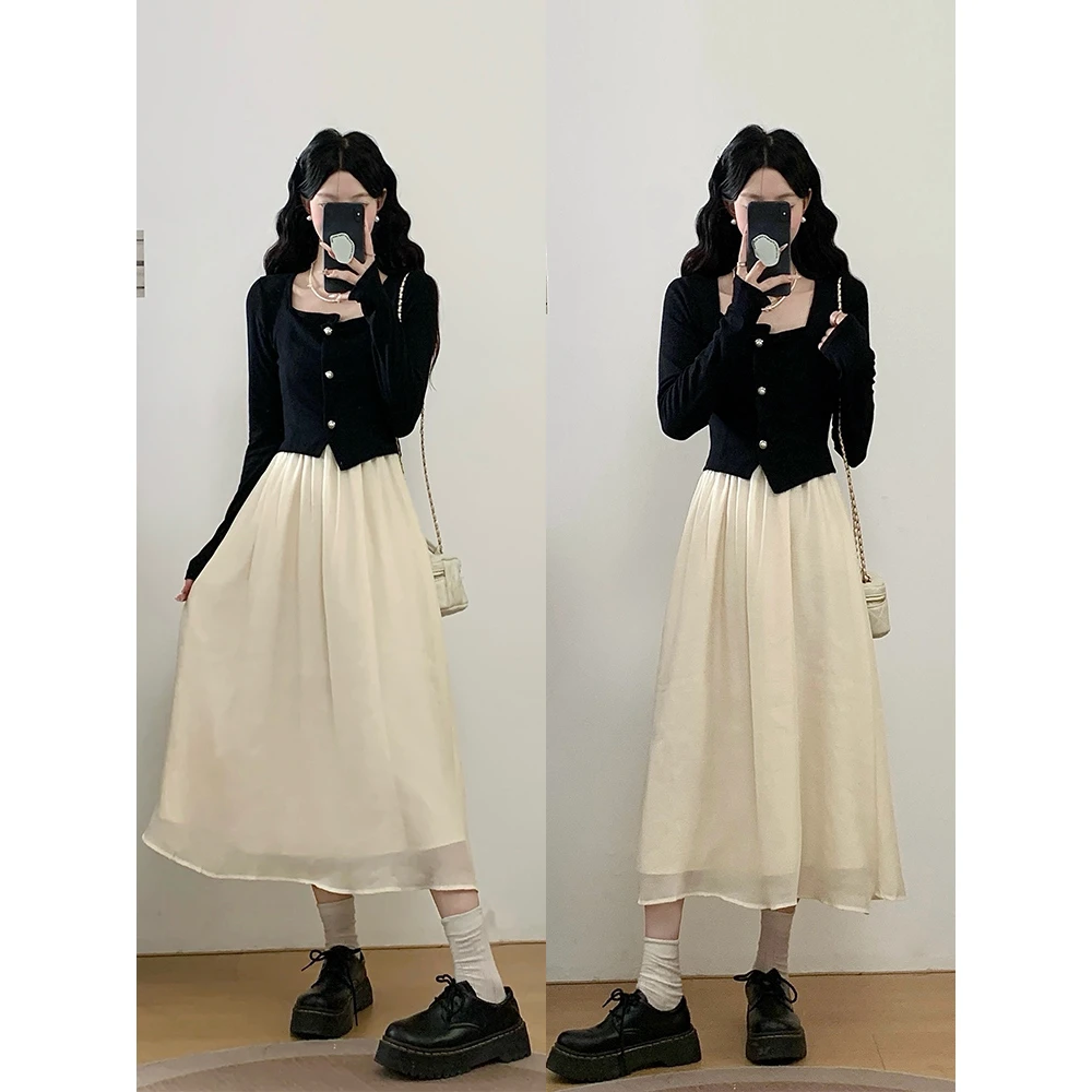 大码女装秋季新款法式拼接假两件显瘦连衣裙长袖长裙女