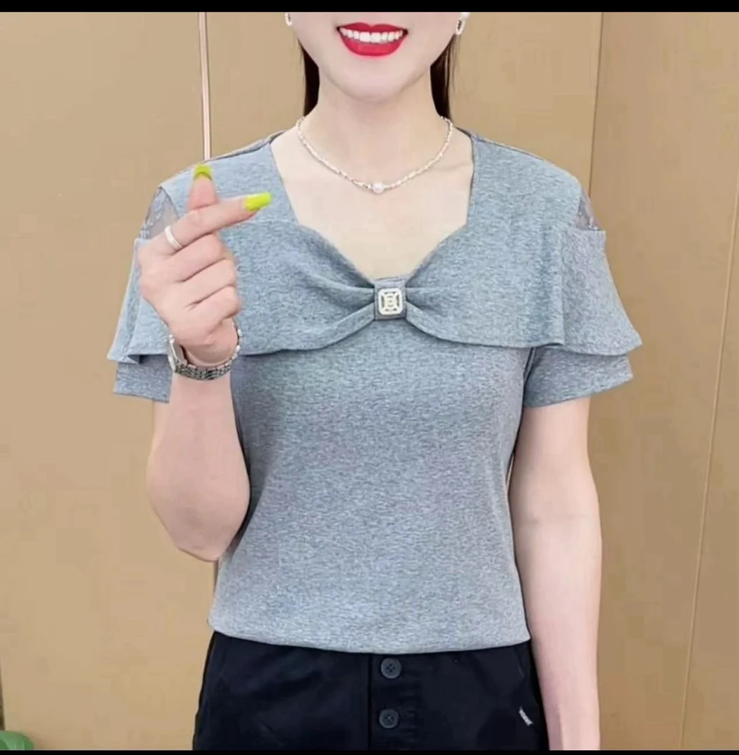 夏季新款蝴蝶结蕾丝露肩设计休闲百搭气质短袖T恤6